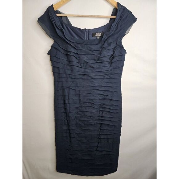 Tadashi Collection Navy Silk Chiffon Tiered Ruffle Sleeveless Dress Formal 10P - Picture 1 of 10